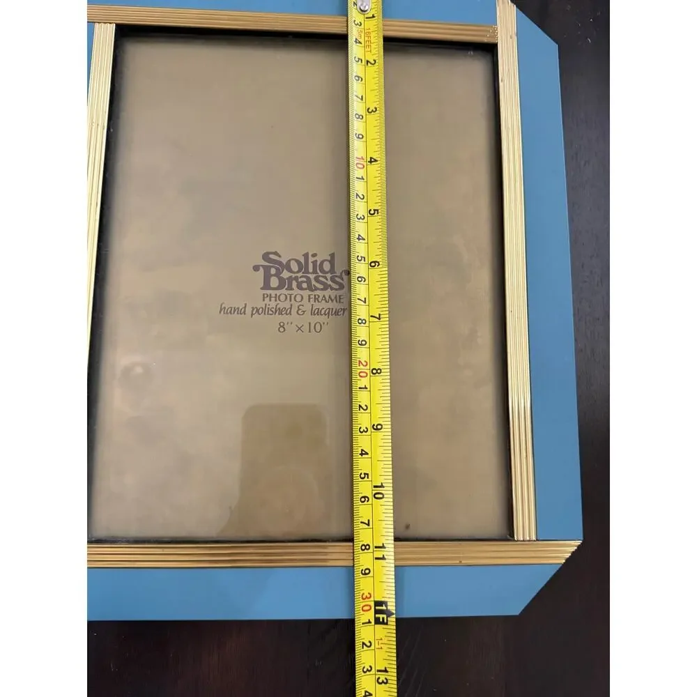 Vintage 1980s Solid Brass 8x10 Photo Frame Teal Blue Art Deco